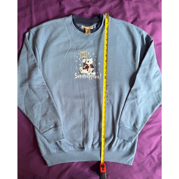Snowhappens! Cute Blue Winter Crewneck Holiday Sweater Women Large w/ Polarbear - Picture 4 of 7